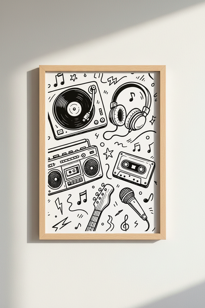 Retro Music Doodle Wall Art | Music Room Decor | Black and White Poster