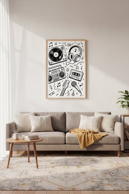 Retro Music Doodle Wall Art | Music Room Decor | Black and White Poster