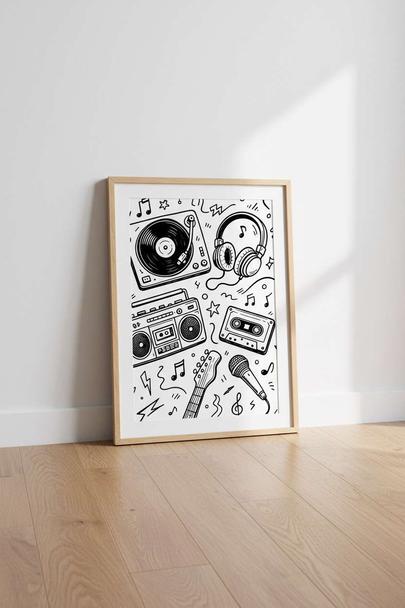 Retro Music Doodle Wall Art | Music Room Decor | Black and White Poster
