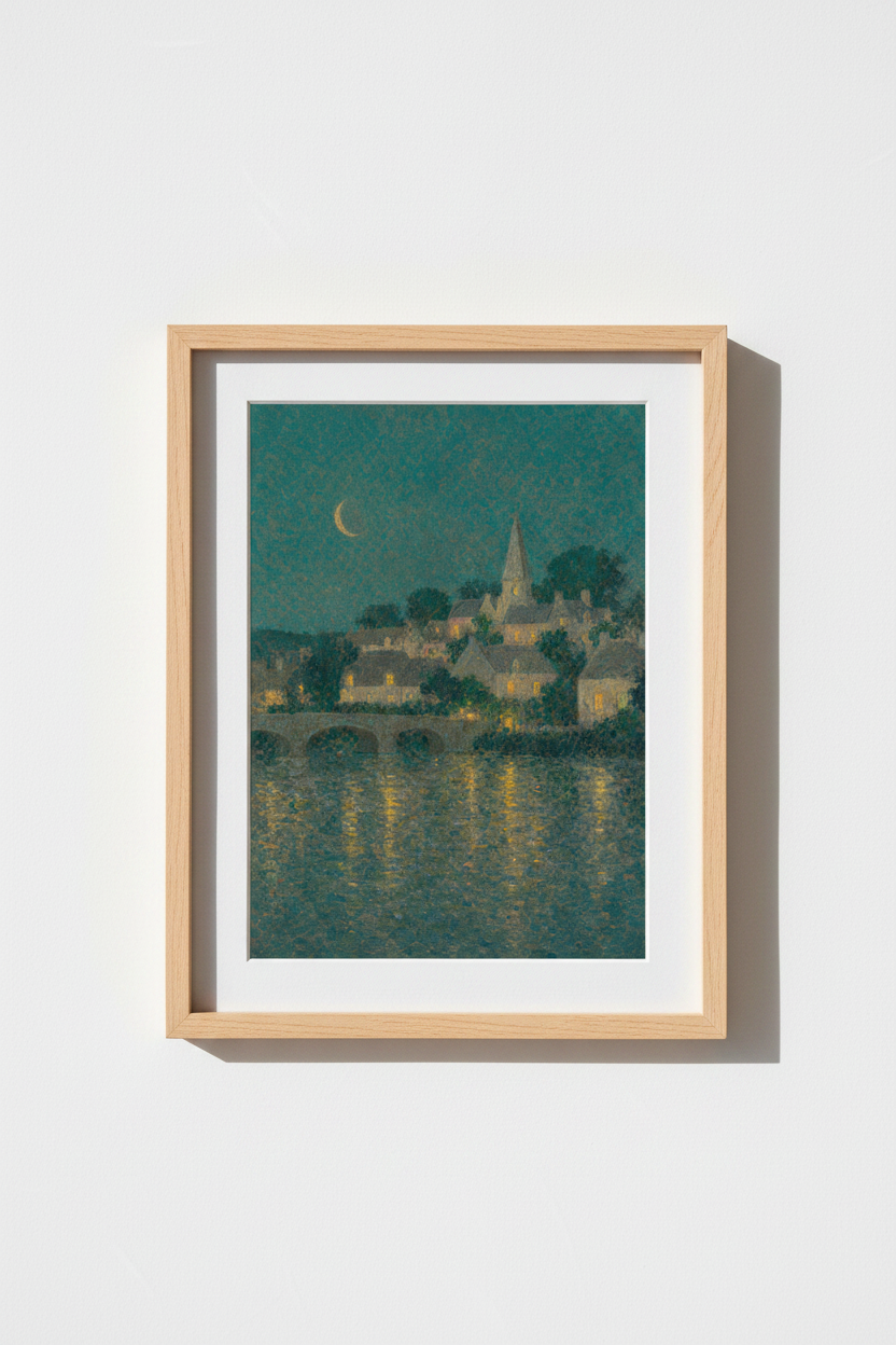 Moonlit Village Print | Impressionist Teal Night Wall Art | Living Room Decor