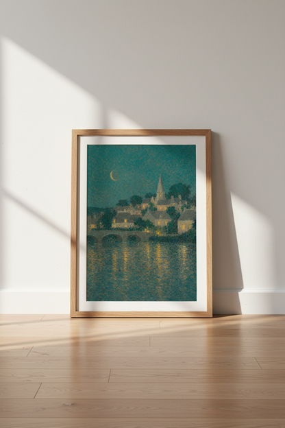 Moonlit Village Print | Impressionist Teal Night Wall Art | Living Room Decor