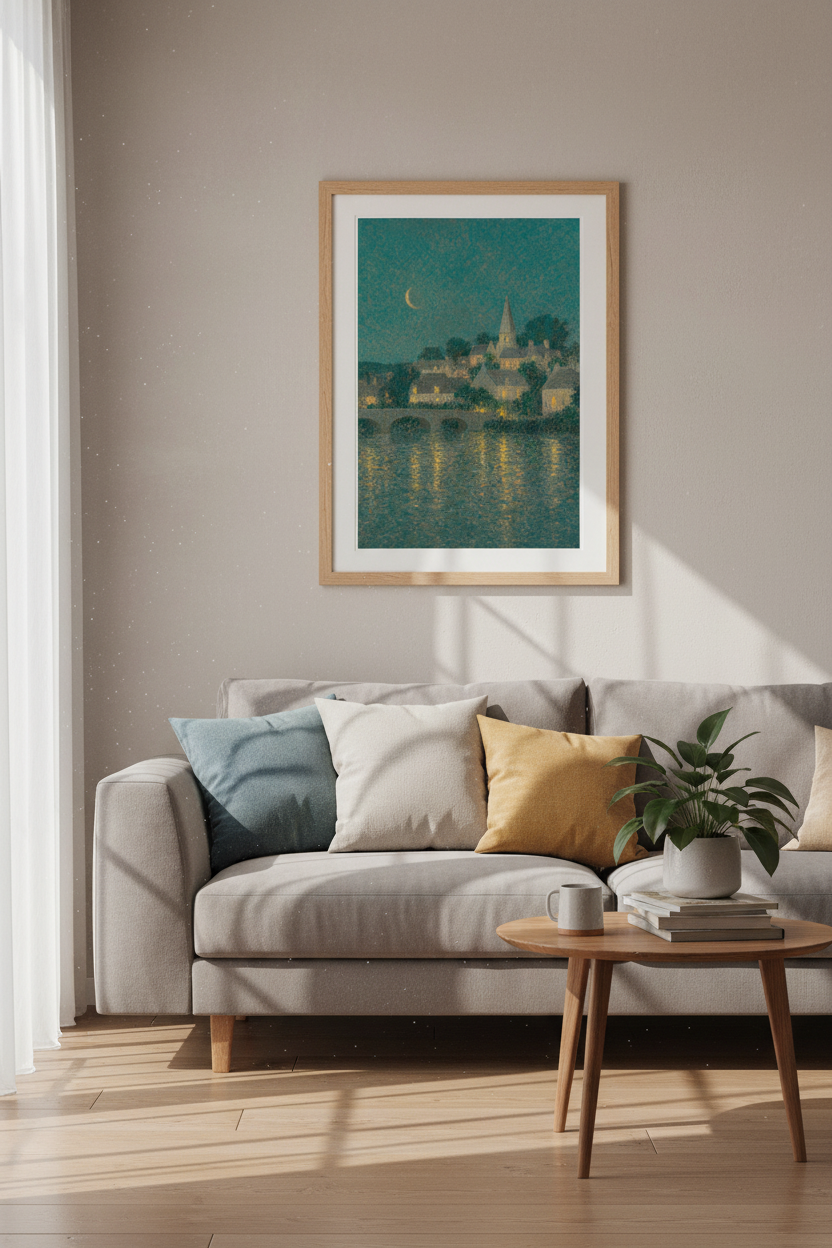 Moonlit Village Print | Impressionist Teal Night Wall Art | Living Room Decor