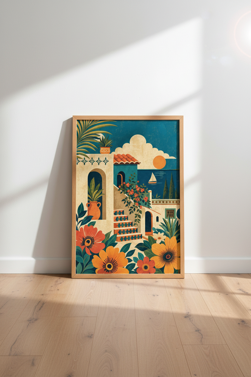 Mediterranean Coastal Village Print | Sun-Drenched Travel Poster | Boho Living Room Art