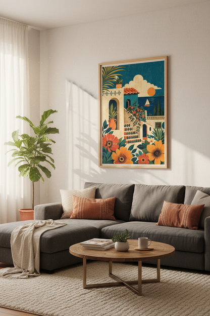 Mediterranean Coastal Village Print | Sun-Drenched Travel Poster | Boho Living Room Art