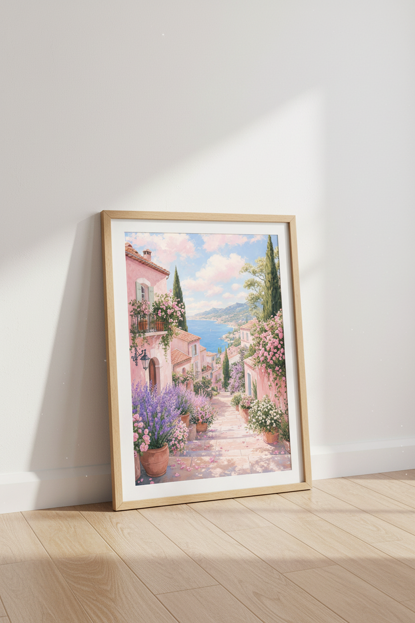 Coastal Village Wall Art | Pink Mediterranean Landscape, French Provence Decor