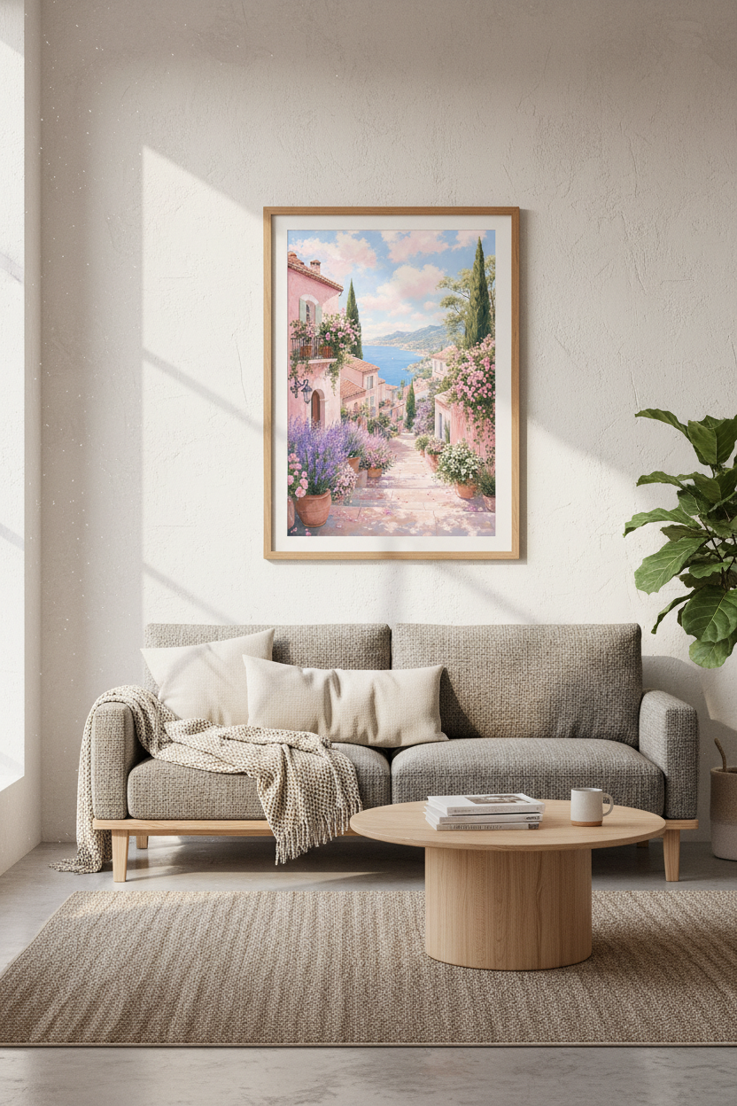Coastal Village Wall Art | Pink Mediterranean Landscape, French Provence Decor