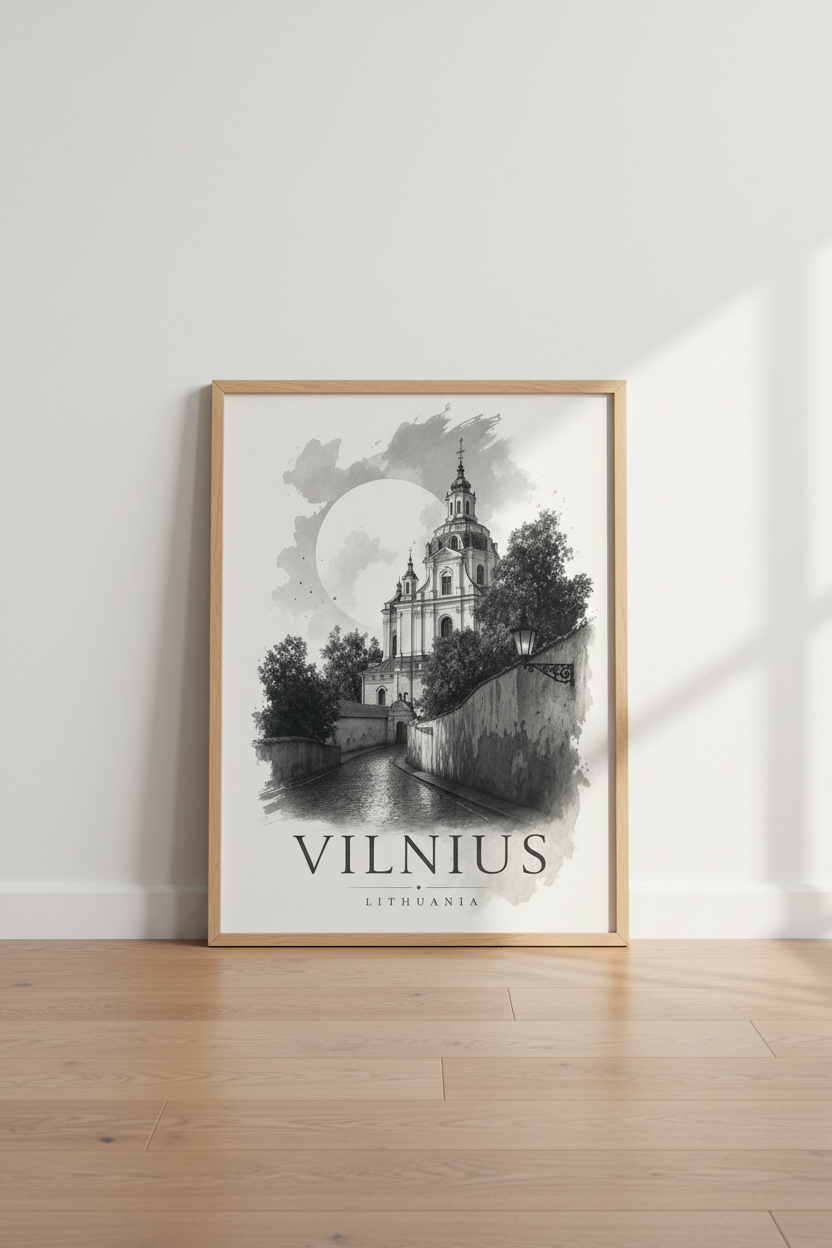 Vilnius Lithuania Poster | Black and White Travel Art, European City Decor