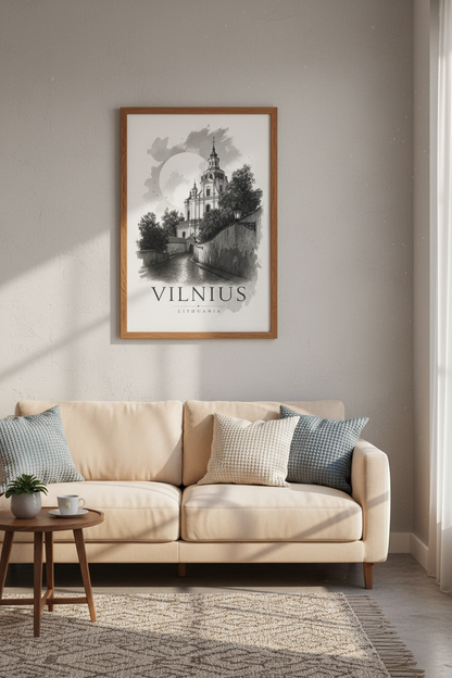 Vilnius Lithuania Poster | Black and White Travel Art, European City Decor