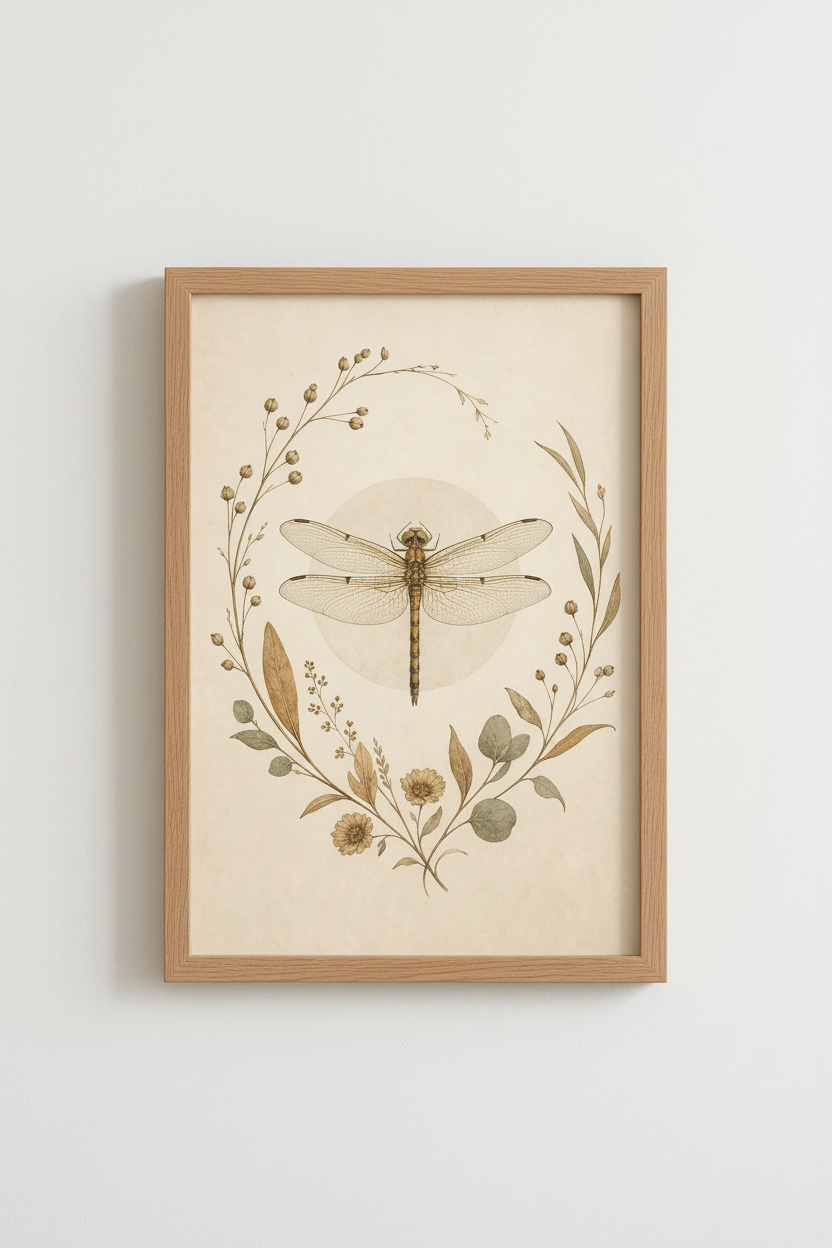 Dragonfly Print | Vintage Botanical, Earthy Hues | Living Room Decor