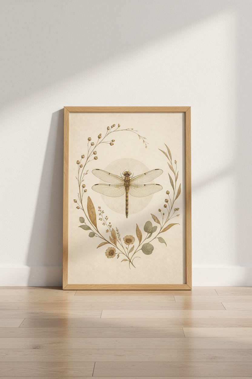 Dragonfly Print | Vintage Botanical, Earthy Hues | Living Room Decor