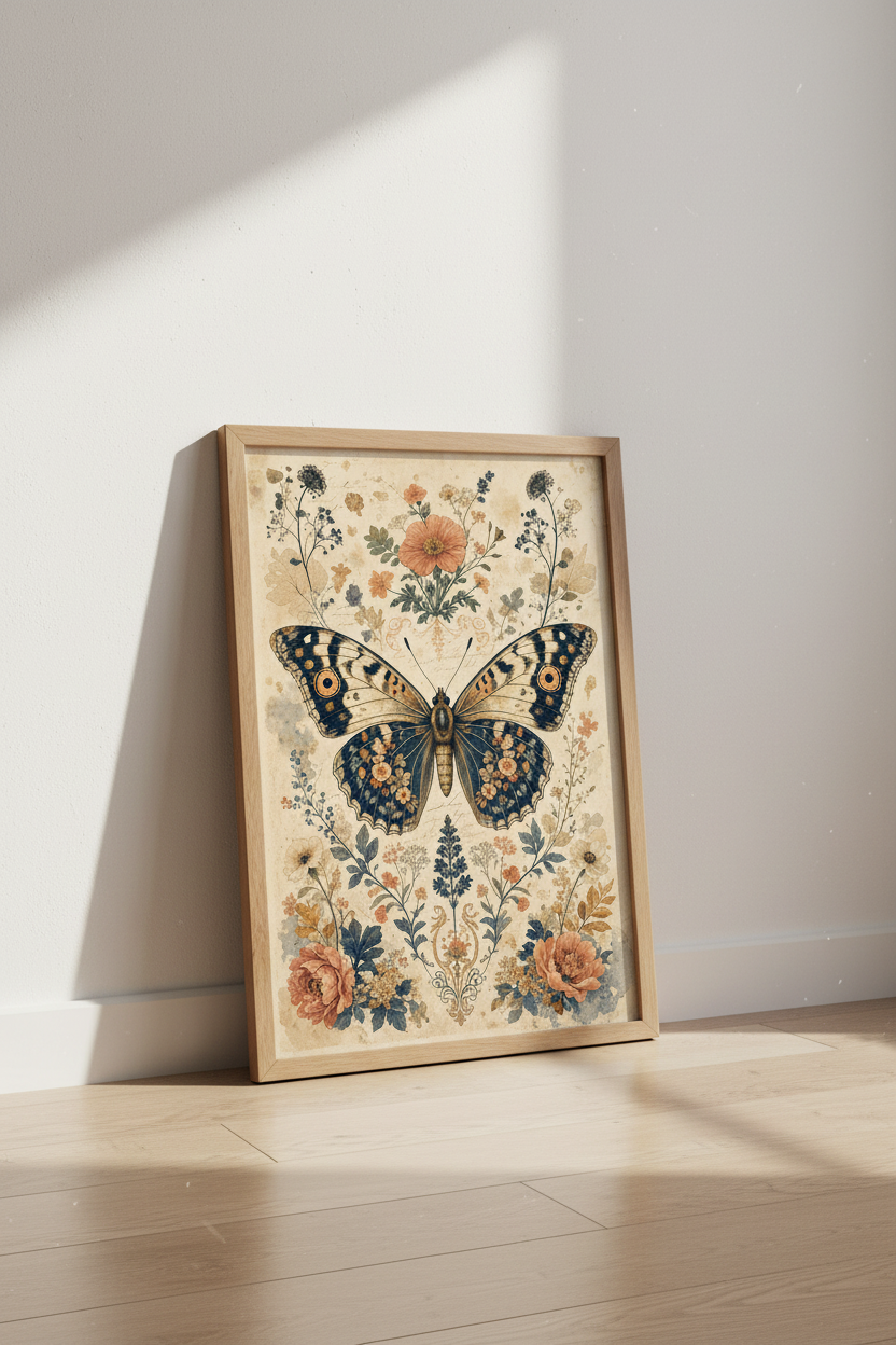 Vintage Butterfly Botanical Art | Dark Academia Wall Decor | Cottagecore Poster