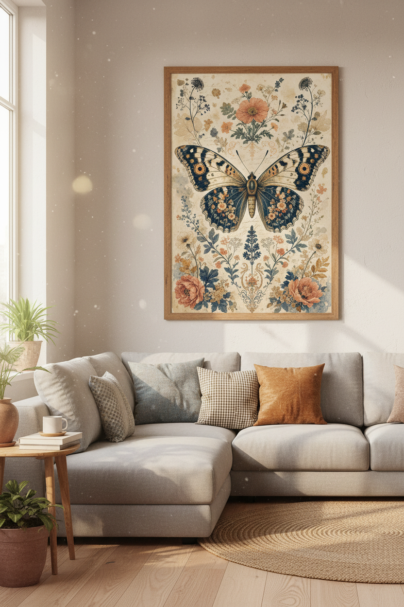Vintage Butterfly Botanical Art | Dark Academia Wall Decor | Cottagecore Poster