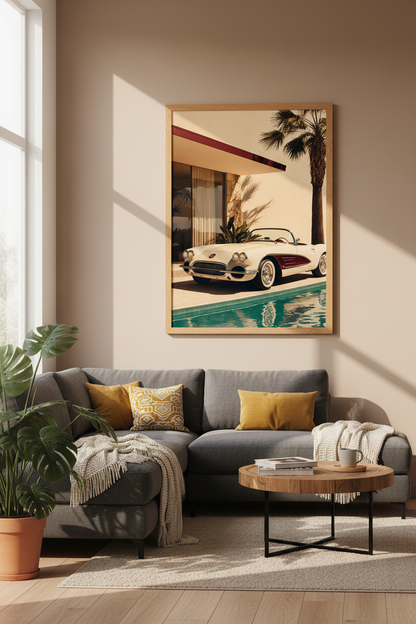 Retro Corvette Wall Art | Mid Century Modern Print, Palm Springs Poolside Poster