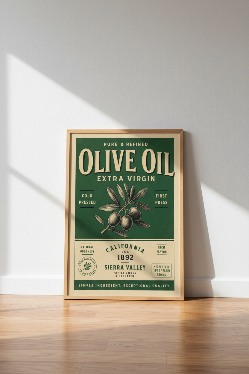Vintage Olive Oil Poster | Kitchen Wall Art Print, Green Rustic Food Decor