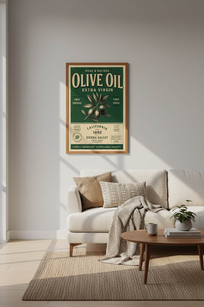 Vintage Olive Oil Poster | Kitchen Wall Art Print, Green Rustic Food Decor
