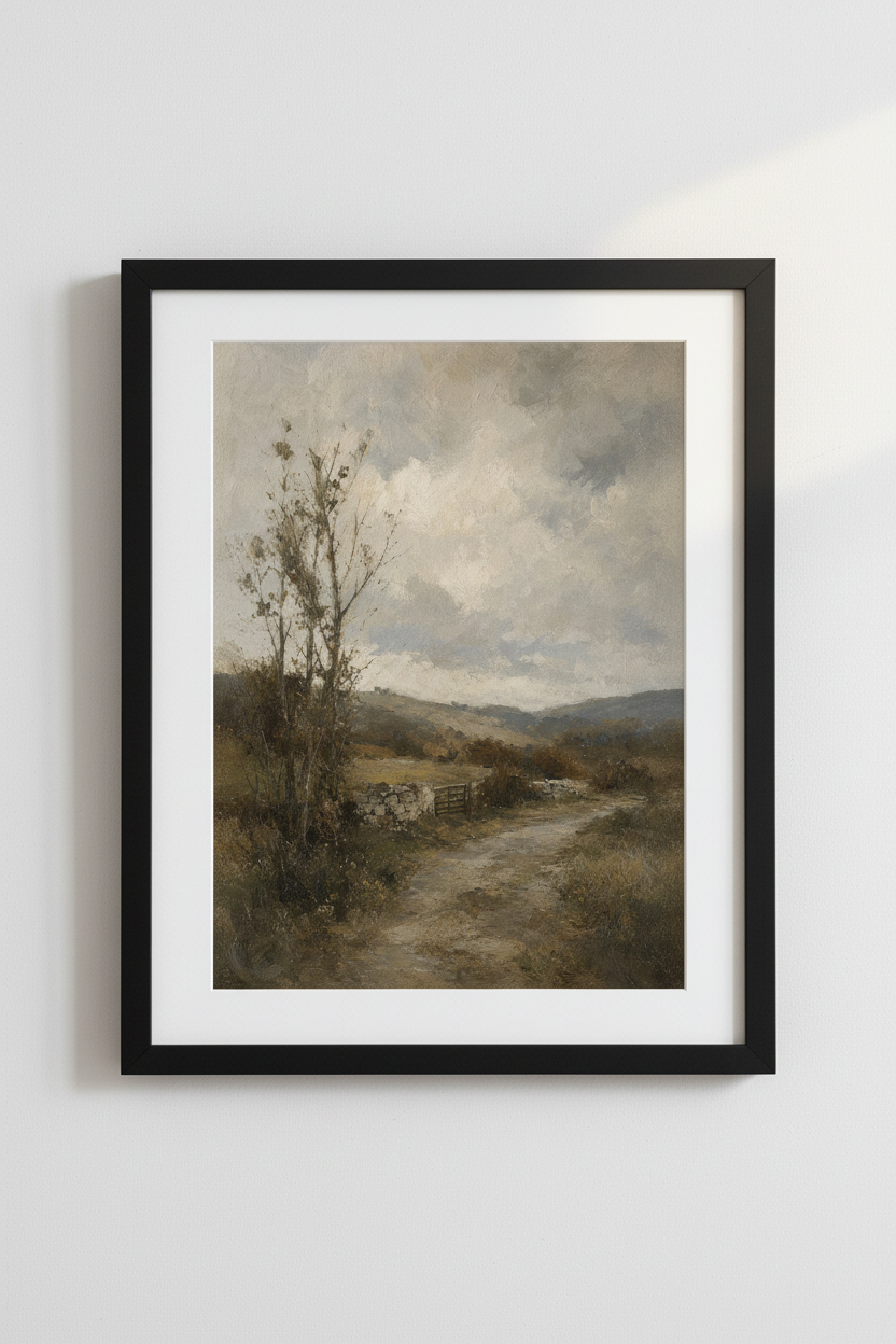 Vintage Landscape Oil Painting | Moody Earth Tones, Country Path Farmhouse Wall Art