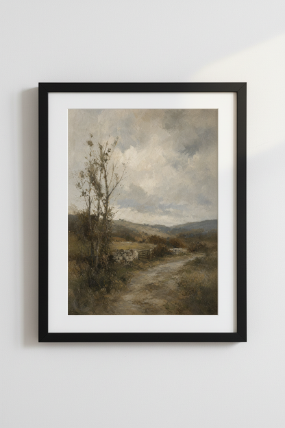 Vintage Landscape Oil Painting | Moody Earth Tones, Country Path Farmhouse Wall Art