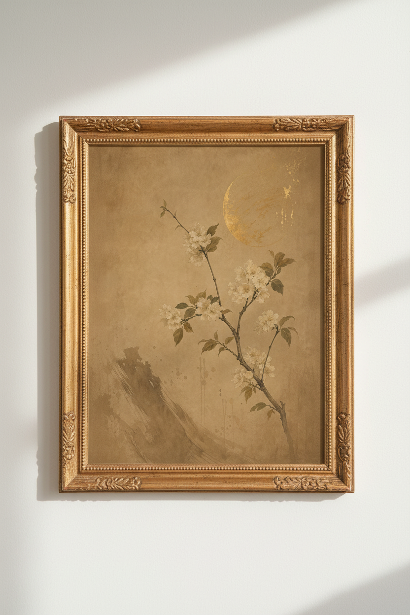 Cherry Blossom Wall Art | Golden Moon Tones, Vintage Ink | Living Room Decor Poster
