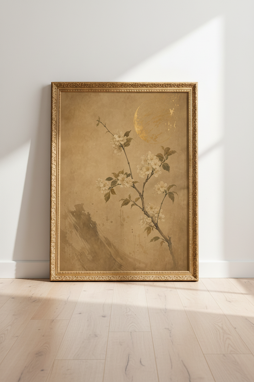 Cherry Blossom Wall Art | Golden Moon Tones, Vintage Ink | Living Room Decor Poster