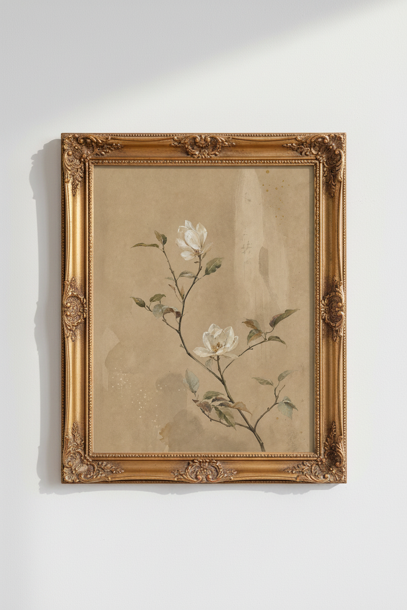 Botanical Wall Art | Vintage Magnolia Watercolor, Neutral Living Room Poster