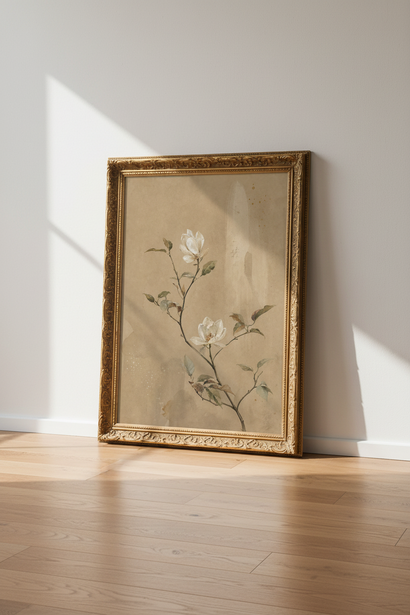 Botanical Wall Art | Vintage Magnolia Watercolor, Neutral Living Room Poster