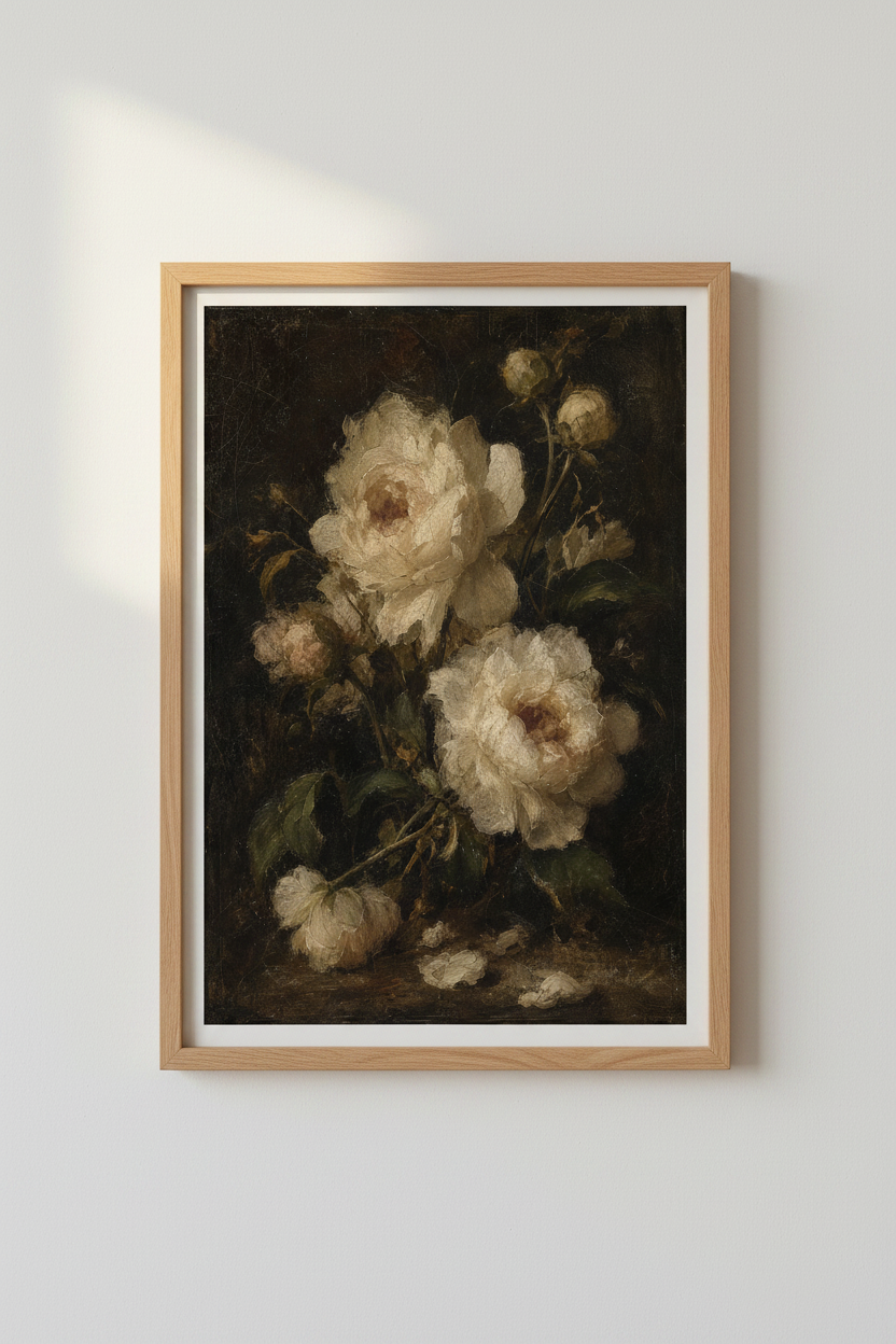 Moody White Peony Floral Art | Dark Vintage Oil Painting, Living Room Decor