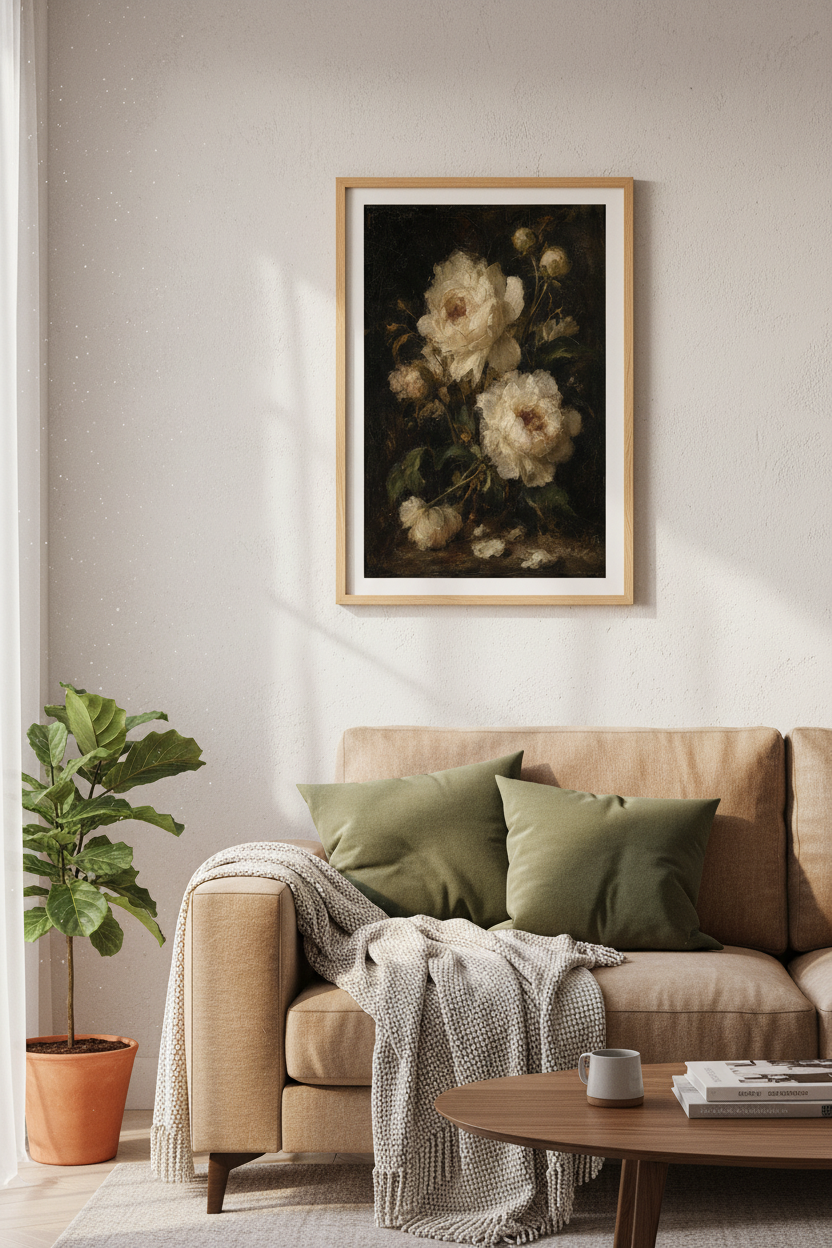 Moody White Peony Floral Art | Dark Vintage Oil Painting, Living Room Decor