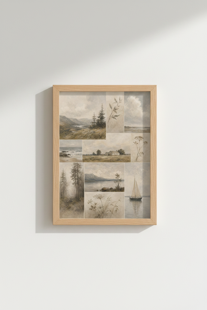 Landscape collage | Vintage beige tones, Rustic living room decor | Soft poster