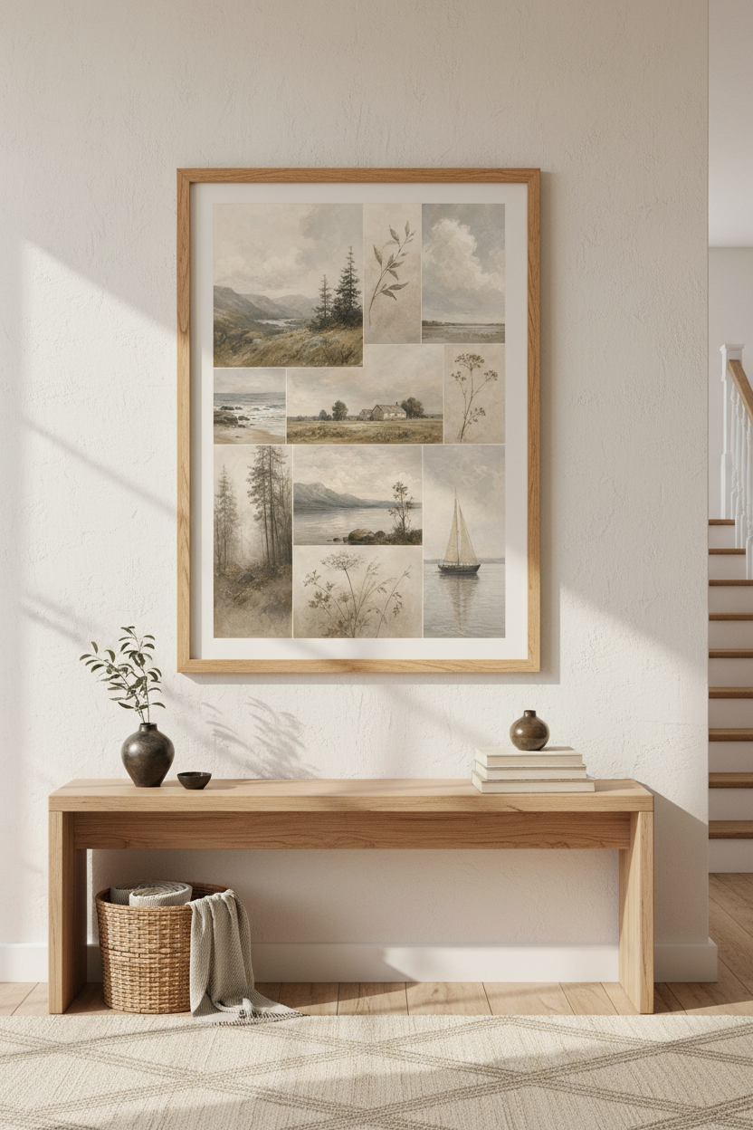 Landscape collage | Vintage beige tones, Rustic living room decor | Soft poster