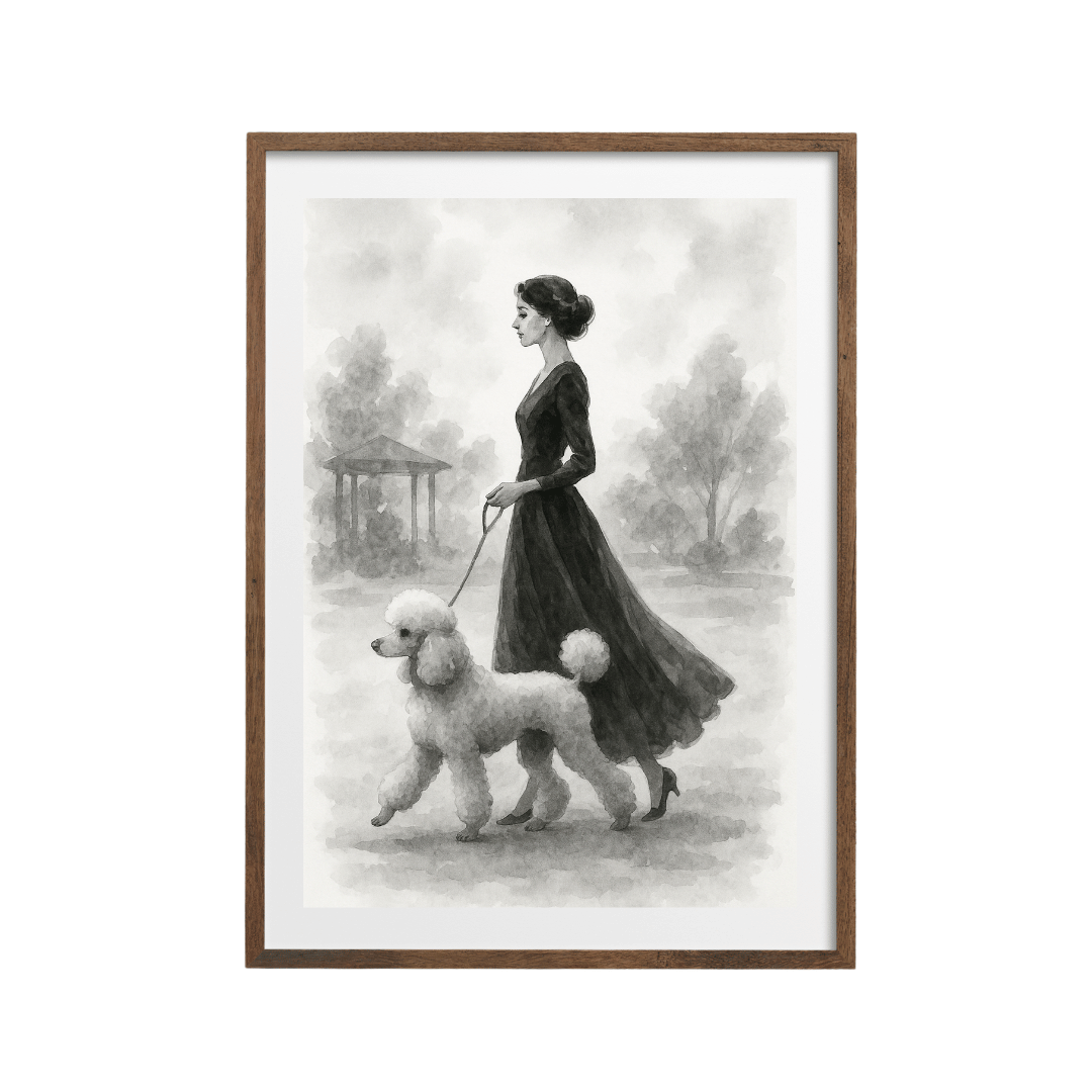 Vintage Poodle Watercolor Print - Elegant Woman & Dog Wall Art