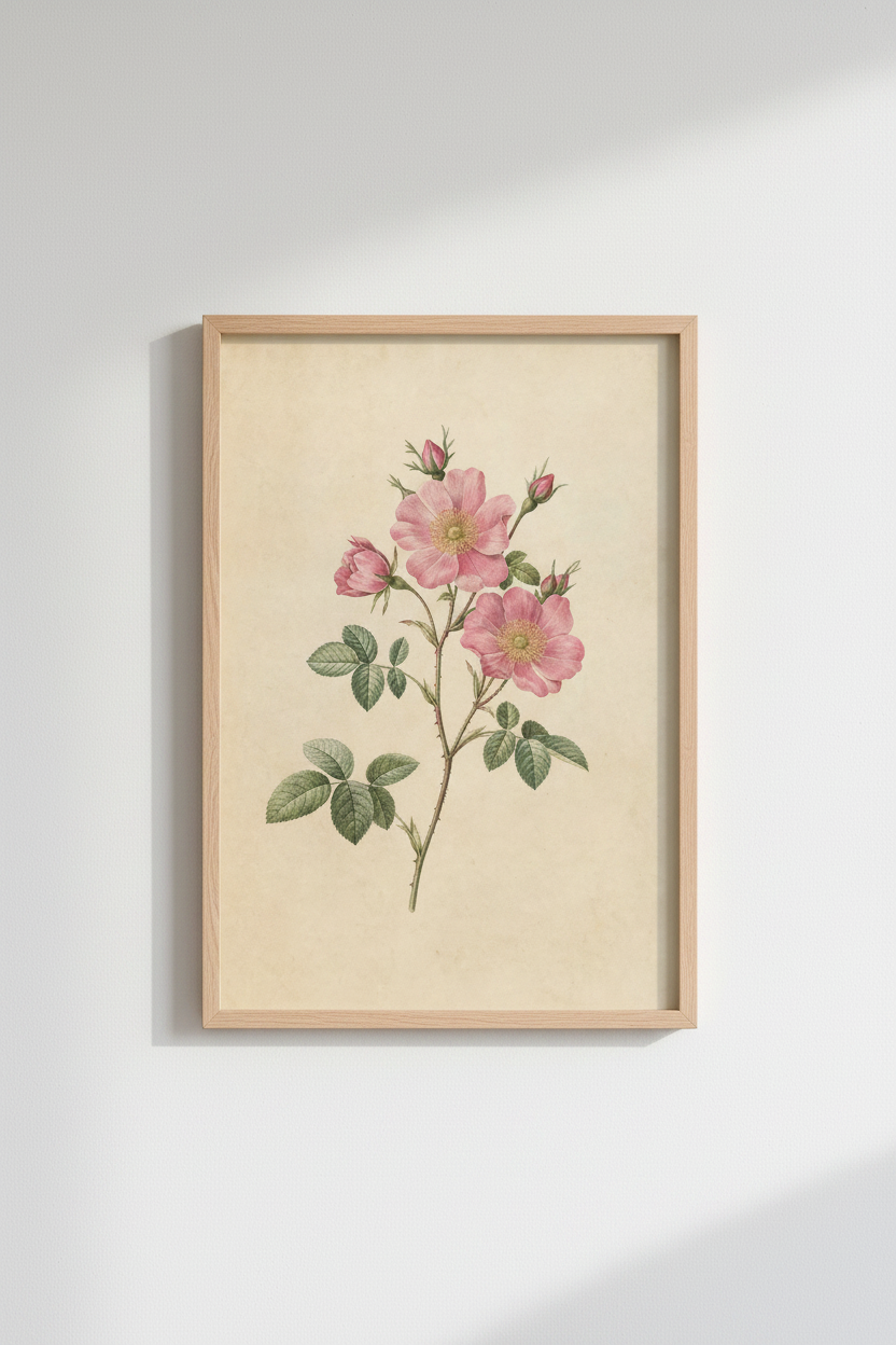 Pink Rose Wall Art | Vintage Botanical Print, Living Room Decor
