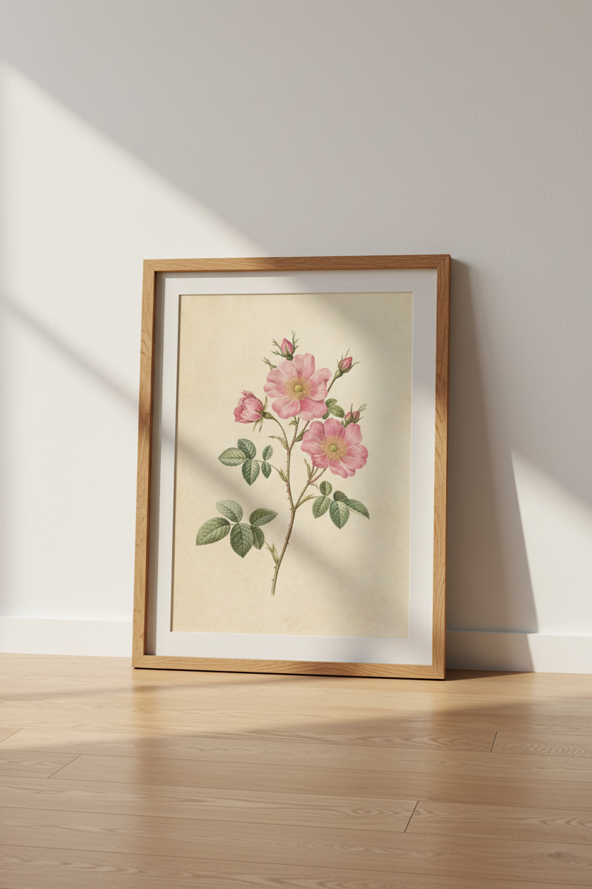Pink Rose Wall Art | Vintage Botanical Print, Living Room Decor