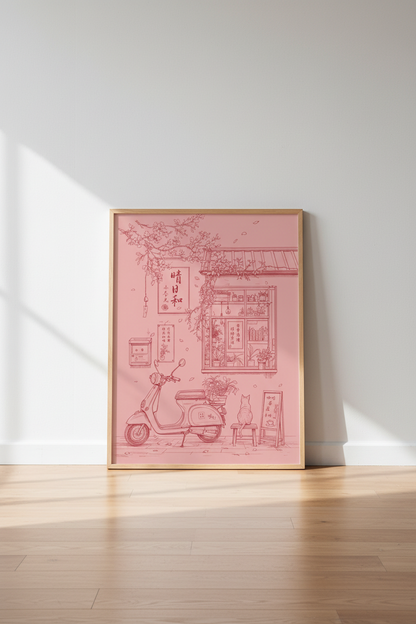 Japanese Street Scene Art | Pink Aesthetic Cat &amp; Scooter, Minimalist Dorm Decor