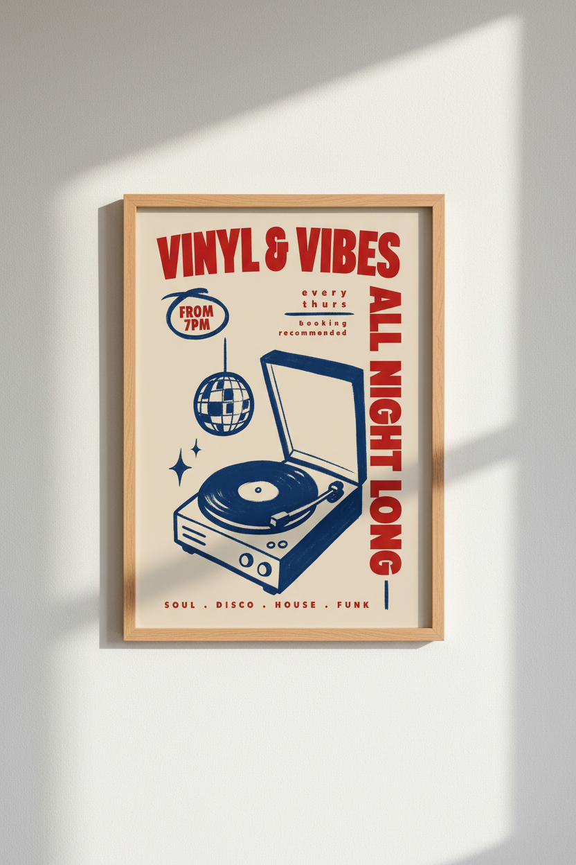 Vinyl &amp; Vibes Music Poster | Retro Disco Wall Art, Record Player Lounge Decor
