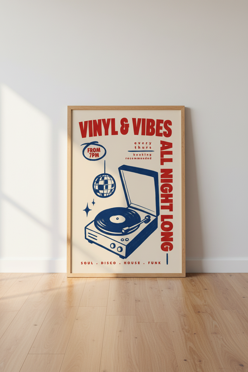 Vinyl &amp; Vibes Music Poster | Retro Disco Wall Art, Record Player Lounge Decor