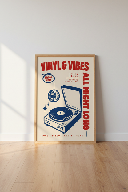 Vinyl &amp; Vibes Music Poster | Retro Disco Wall Art, Record Player Lounge Decor