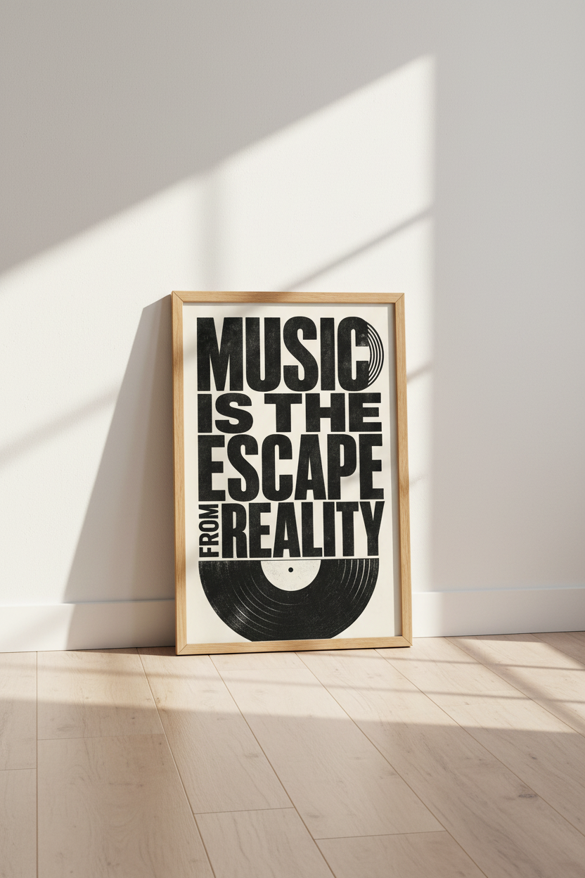 Music Quote Vinyl Wall Art | Retro Black and White Poster, Studio Decor