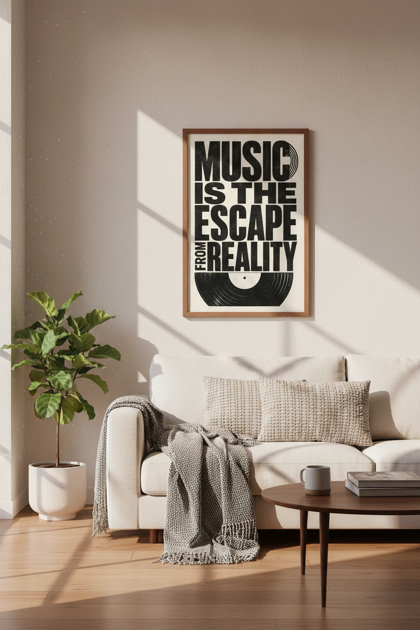 Music Quote Vinyl Wall Art | Retro Black and White Poster, Studio Decor