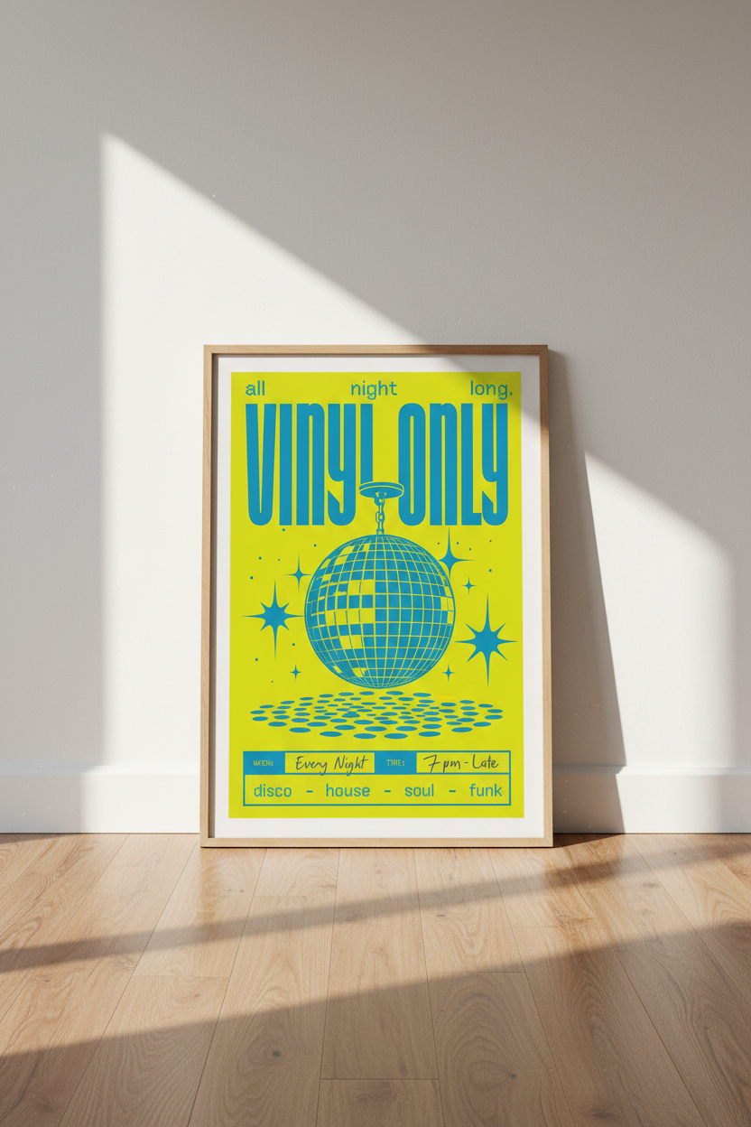 Vinyl Only Disco Ball Art Print | Music Room Decor | Retro Neon Poster