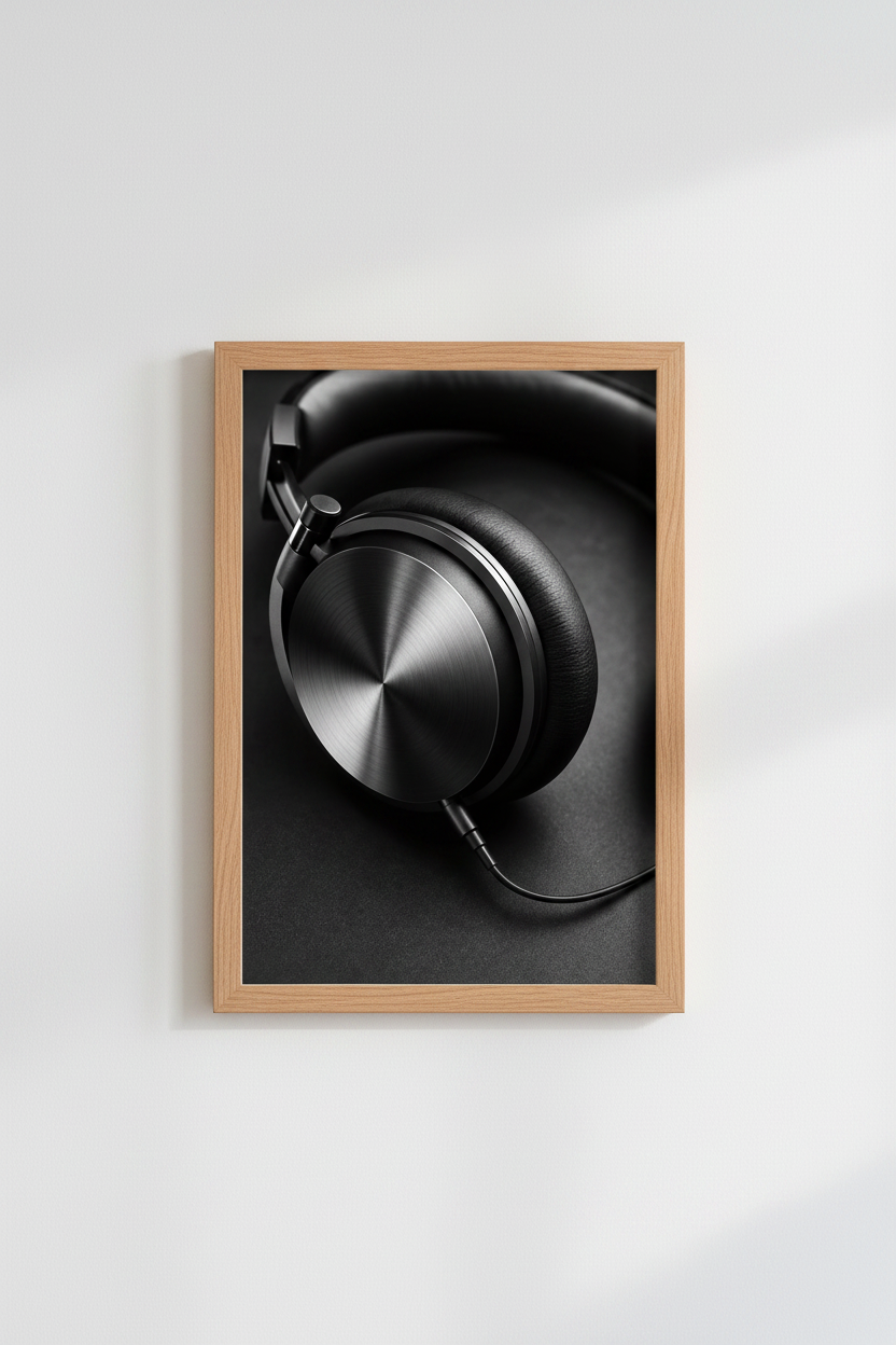 Headphones Wall Art | Brushed Metal &amp; Black, Modern Living Room Decor