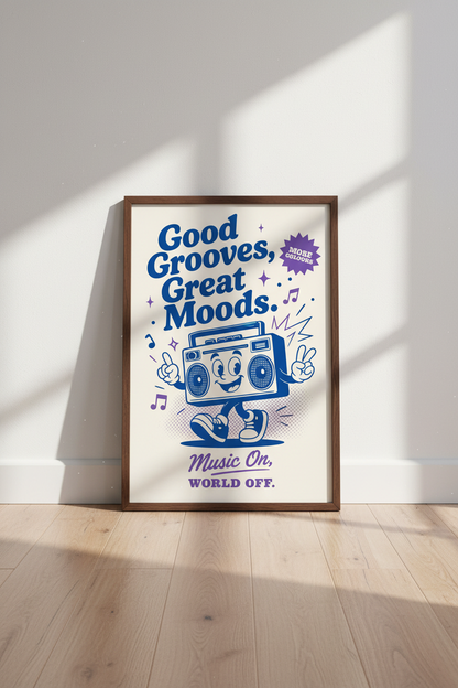 Retro Boombox Wall Art | Blue Cartoon Music Poster | Fun Dorm Room Decor