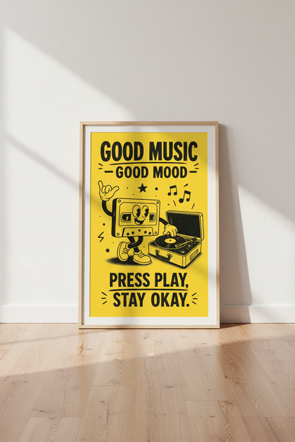 Retro Cassette DJ Art Print | Music Room Decor | Yellow Aesthetic Poster