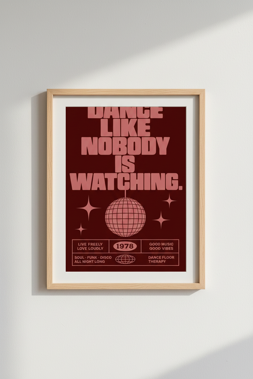 Retro Disco Ball Wall Art | Red Vintage Typography Poster, Music Room Decor