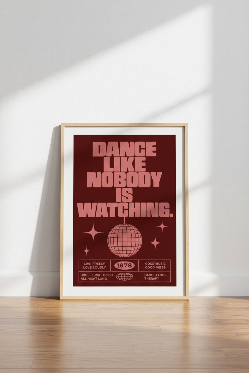 Retro Disco Ball Wall Art | Red Vintage Typography Poster, Music Room Decor