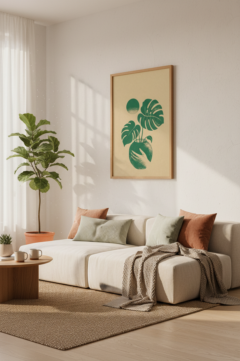 Monstera Deliciosa | Green Minimalist Botanical Print, Boho Living Room Decor