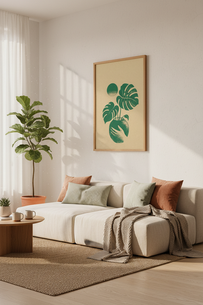 Monstera Deliciosa | Green Minimalist Botanical Print, Boho Living Room Decor