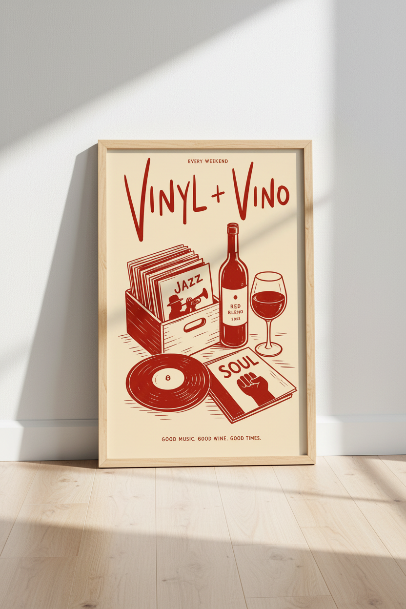 Vinyl and Vino Retro Wall Art Print | Kitchen Bar Decor | Music Lover Poster