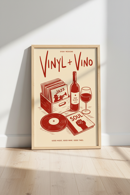 Vinyl and Vino Retro Wall Art Print | Kitchen Bar Decor | Music Lover Poster