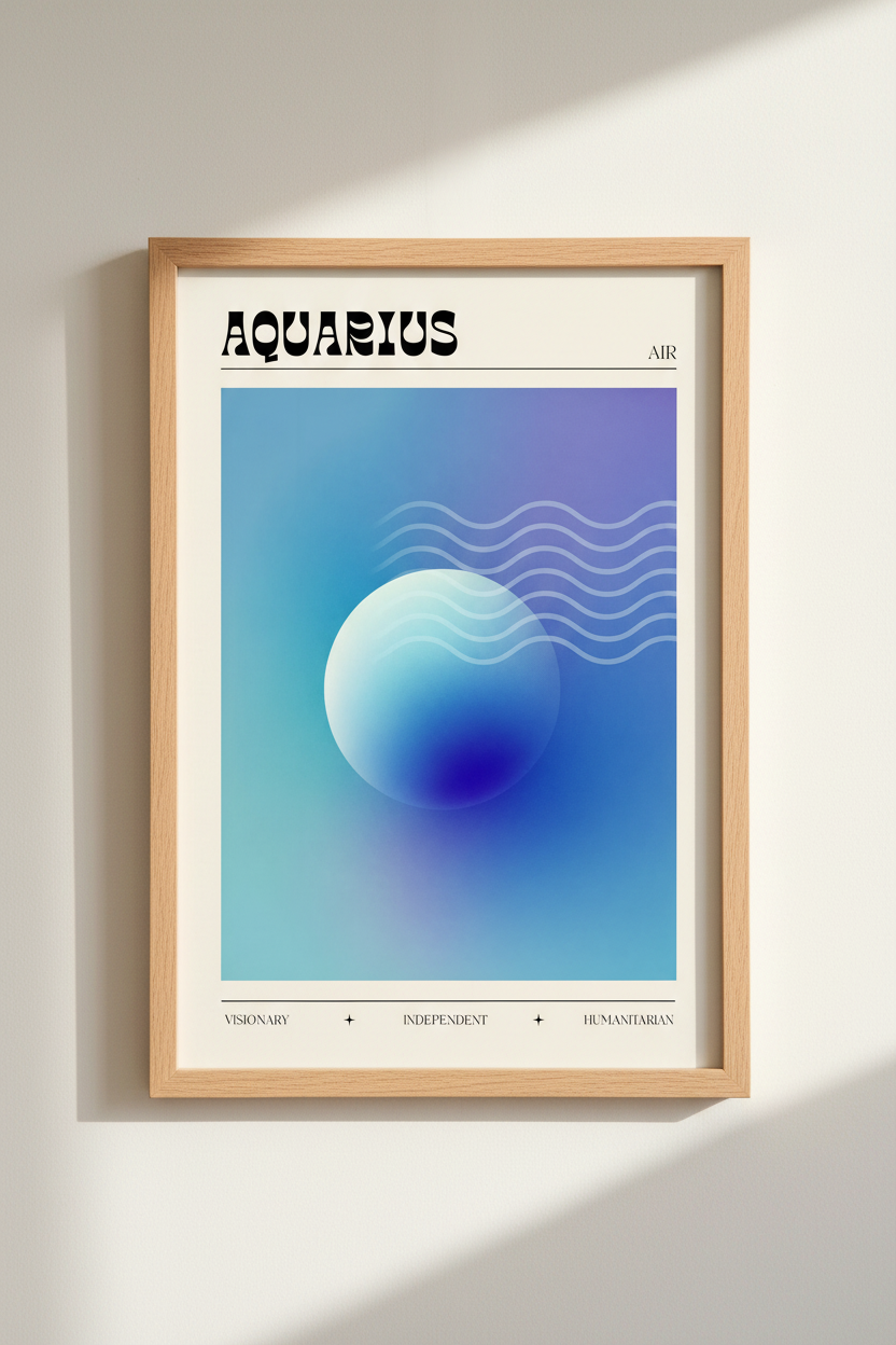 Aquarius Zodiac Poster | Modern Aura Gradient, Astrology Wall Art, Blue Dorm Decor