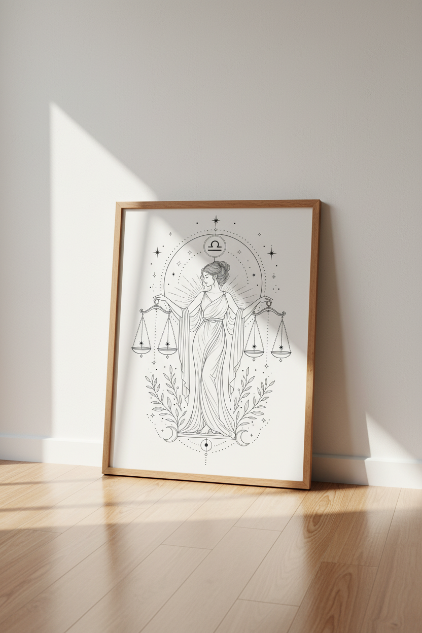 Libra Zodiac Goddess Wall Art | Celestial Line Art Print | Minimalist Astrology Poster